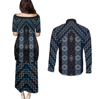 New Zealand Aotearoa Couples Matching Puletasi and Long Sleeve Button Shirt Blue Poutama With Taniko Pattern LT05