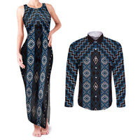 New Zealand Aotearoa Couples Matching Tank Maxi Dress and Long Sleeve Button Shirt Blue Poutama With Taniko Pattern LT05
