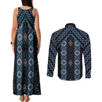 New Zealand Aotearoa Couples Matching Tank Maxi Dress and Long Sleeve Button Shirt Blue Poutama With Taniko Pattern LT05