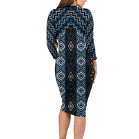 New Zealand Aotearoa Family Matching Long Sleeve Bodycon Dress and Hawaiian Shirt Blue Poutama With Taniko Pattern LT05 - Polynesian Pride