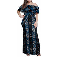New Zealand Aotearoa Family Matching Off Shoulder Maxi Dress and Hawaiian Shirt Blue Poutama With Taniko Pattern LT05