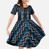 New Zealand Aotearoa Family Matching Short Sleeve Bodycon Dress and Hawaiian Shirt Blue Poutama With Taniko Pattern LT05 Daughter's Dress Blue - Polynesian Pride