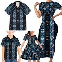 New Zealand Aotearoa Family Matching Short Sleeve Bodycon Dress and Hawaiian Shirt Blue Poutama With Taniko Pattern LT05 - Polynesian Pride