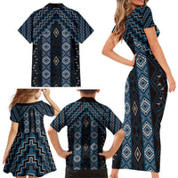 New Zealand Aotearoa Family Matching Short Sleeve Bodycon Dress and Hawaiian Shirt Blue Poutama With Taniko Pattern LT05 - Polynesian Pride