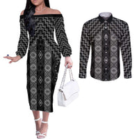 New Zealand Aotearoa Couples Matching Off The Shoulder Long Sleeve Dress and Long Sleeve Button Shirt Black Poutama With Taniko Pattern LT05