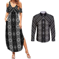 New Zealand Aotearoa Couples Matching Summer Maxi Dress and Long Sleeve Button Shirt Black Poutama With Taniko Pattern LT05