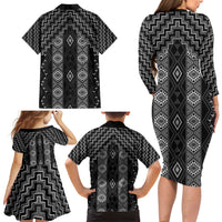 New Zealand Aotearoa Family Matching Long Sleeve Bodycon Dress and Hawaiian Shirt Black Poutama With Taniko Pattern LT05 - Polynesian Pride