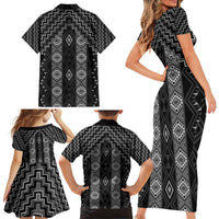 New Zealand Aotearoa Family Matching Short Sleeve Bodycon Dress and Hawaiian Shirt Black Poutama With Taniko Pattern LT05 - Polynesian Pride