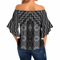 New Zealand Aotearoa Off Shoulder Wrap Waist Top Black Poutama With Taniko Pattern LT05 - Polynesian Pride