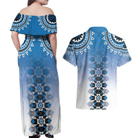 New Zealand Couples Matching Off Shoulder Maxi Dress and Hawaiian Shirt Poutama Mix Blue Taniko Inspired Art LT05