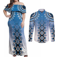 New Zealand Couples Matching Off Shoulder Maxi Dress and Long Sleeve Button Shirt Poutama Mix Blue Taniko Inspired Art LT05
