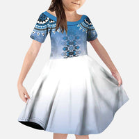 New Zealand Family Matching Puletasi and Hawaiian Shirt Poutama Mix Blue Taniko Inspired Art LT05 Daughter's Dress Blue - Polynesian Pride