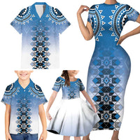 New Zealand Family Matching Short Sleeve Bodycon Dress and Hawaiian Shirt Poutama Mix Blue Taniko Inspired Art LT05 - Polynesian Pride