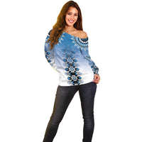 New Zealand Off Shoulder Sweater Poutama Mix Blue Taniko Inspired Art LT05