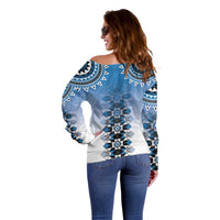 New Zealand Off Shoulder Sweater Poutama Mix Blue Taniko Inspired Art LT05