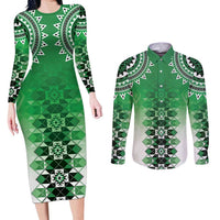 New Zealand Couples Matching Long Sleeve Bodycon Dress and Long Sleeve Button Shirt Poutama Mix Green Taniko Inspired Art LT05