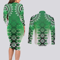 New Zealand Couples Matching Long Sleeve Bodycon Dress and Long Sleeve Button Shirt Poutama Mix Green Taniko Inspired Art LT05