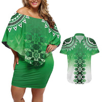 New Zealand Couples Matching Off Shoulder Short Dress and Hawaiian Shirt Poutama Mix Green Taniko Inspired Art LT05