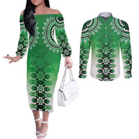New Zealand Couples Matching Off The Shoulder Long Sleeve Dress and Long Sleeve Button Shirt Poutama Mix Green Taniko Inspired Art LT05