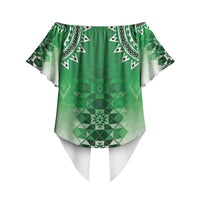 New Zealand Off Shoulder Wrap Waist Top Poutama Mix Green Taniko Inspired Art LT05 - Polynesian Pride