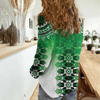 New Zealand Women Casual Shirt Poutama Mix Green Taniko Inspired Art LT05