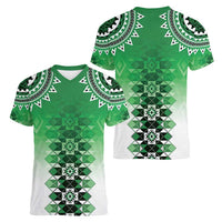 New Zealand Women V-Neck T-Shirt Poutama Mix Green Taniko Inspired Art LT05 - Polynesian Pride