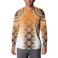 New Zealand Button Sweatshirt Poutama Mix Orange Taniko Inspired Art LT05