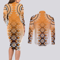 New Zealand Couples Matching Long Sleeve Bodycon Dress and Long Sleeve Button Shirt Poutama Mix Orange Taniko Inspired Art LT05