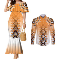New Zealand Couples Matching Mermaid Dress and Long Sleeve Button Shirt Poutama Mix Orange Taniko Inspired Art LT05