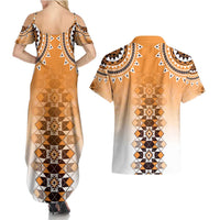 New Zealand Couples Matching Summer Maxi Dress and Hawaiian Shirt Poutama Mix Orange Taniko Inspired Art LT05