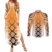 New Zealand Couples Matching Summer Maxi Dress and Long Sleeve Button Shirt Poutama Mix Orange Taniko Inspired Art LT05
