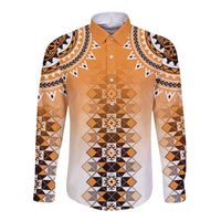New Zealand Long Sleeve Button Shirt Poutama Mix Orange Taniko Inspired Art LT05