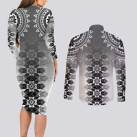 New Zealand Couples Matching Long Sleeve Bodycon Dress and Long Sleeve Button Shirt Poutama Mix Gray Taniko Inspired Art LT05