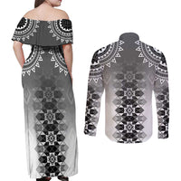 New Zealand Couples Matching Off Shoulder Maxi Dress and Long Sleeve Button Shirt Poutama Mix Gray Taniko Inspired Art LT05