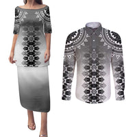 New Zealand Couples Matching Puletasi and Long Sleeve Button Shirt Poutama Mix Gray Taniko Inspired Art LT05
