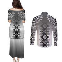 New Zealand Couples Matching Puletasi and Long Sleeve Button Shirt Poutama Mix Gray Taniko Inspired Art LT05
