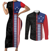 Samoa Flag Couples Matching Short Sleeve Bodycon Dress and Long Sleeve Button Shirt Ula Fala With Samoan Siapo - Polynesian Pride