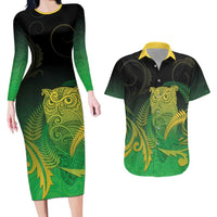 New Zealand Aotearoa Ruru Couples Matching Long Sleeve Bodycon Dress and Hawaiian Shirt Maori Fern Art Green