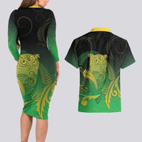 New Zealand Aotearoa Ruru Couples Matching Long Sleeve Bodycon Dress and Hawaiian Shirt Maori Fern Art Green