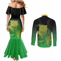 New Zealand Aotearoa Ruru Couples Matching Mermaid Dress and Long Sleeve Button Shirt Maori Fern Art Green LT05 - Polynesian Pride