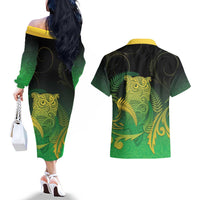 New Zealand Aotearoa Ruru Couples Matching Off The Shoulder Long Sleeve Dress and Hawaiian Shirt Maori Fern Art Green