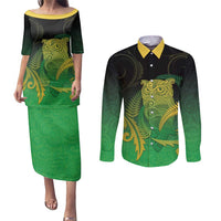 New Zealand Aotearoa Ruru Couples Matching Puletasi and Long Sleeve Button Shirt Maori Fern Art Green LT05 Green - Polynesian Pride