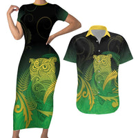 New Zealand Aotearoa Ruru Couples Matching Short Sleeve Bodycon Dress and Hawaiian Shirt Maori Fern Art Green