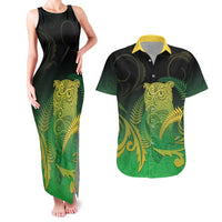 New Zealand Aotearoa Ruru Couples Matching Tank Maxi Dress and Hawaiian Shirt Maori Fern Art Green