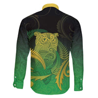 New Zealand Aotearoa Ruru Family Matching Off The Shoulder Long Sleeve Dress and Hawaiian Shirt Maori Fern Art Green