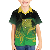 New Zealand Aotearoa Ruru Family Matching Short Sleeve Bodycon Dress and Hawaiian Shirt Maori Fern Art Green