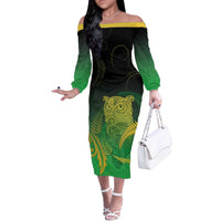 New Zealand Aotearoa Ruru Off The Shoulder Long Sleeve Dress Maori Fern Art Green LT05 Women Green - Polynesian Pride