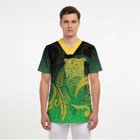 New Zealand Aotearoa Ruru Scrub Top Maori Fern Art Green - Polynesian Pride