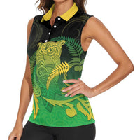 New Zealand Aotearoa Ruru Women Sleeveless Polo Shirt Maori Fern Art Green