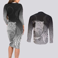 New Zealand Aotearoa Ruru Couples Matching Long Sleeve Bodycon Dress and Long Sleeve Button Shirt Maori Fern Art Black LT05 - Polynesian Pride